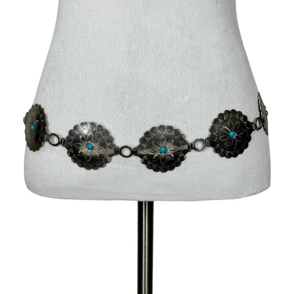 Unbranded Accessories - Boho Western Concho Flower Belt 32" One Size Silver Tone Metal Turquoise Chain